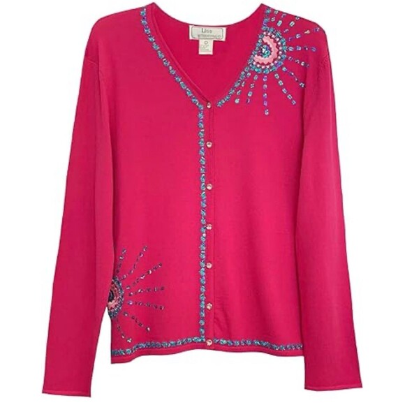 Lisa International Beaded Embroidery Sun Cardigan Sweater In Hot Pink Sz Large - Picture 1 of 8